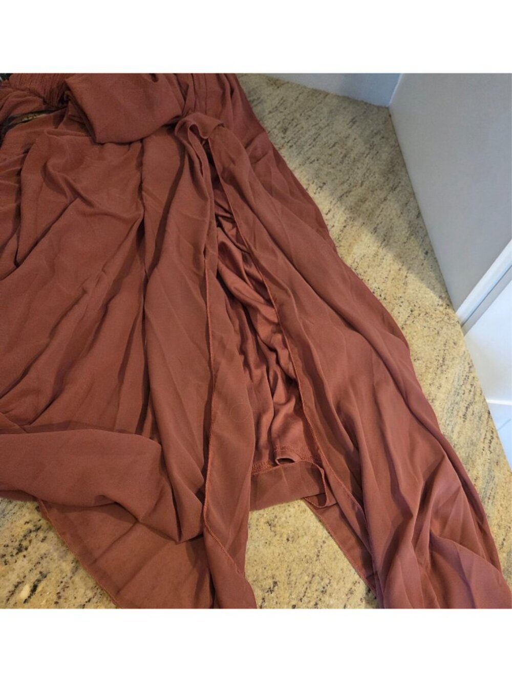 New! Unithorse Size L Burnt Orange Gown Maxi dress Ruched Chiffon Slit - Picture 9 of 16